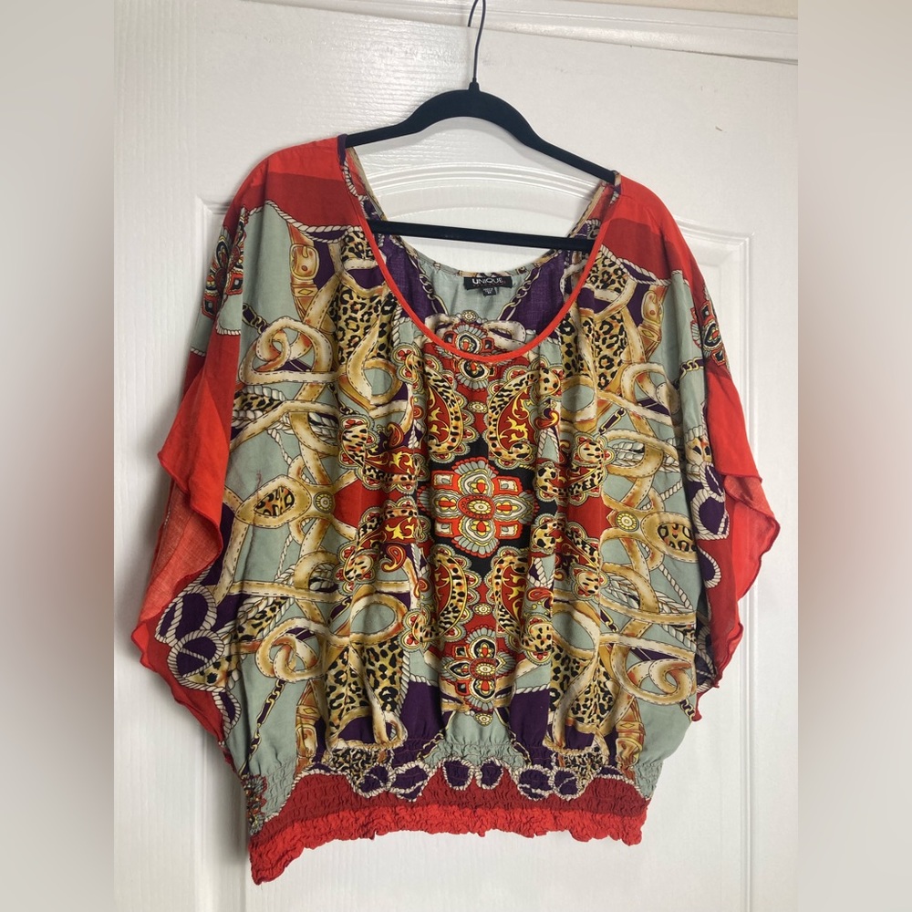 Unique Spectrum Baroque Print Caftan top with smocked hem,Size 3X,Red multi